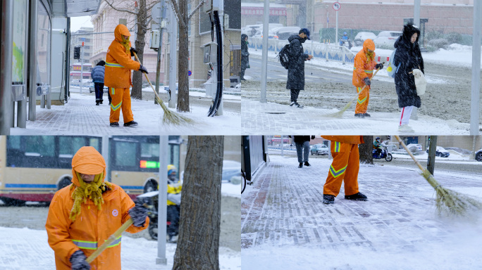 雪天环卫工人扫雪除雪扫雪工人