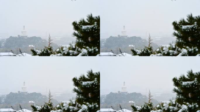 北京冬季下雪天北海公园白塔