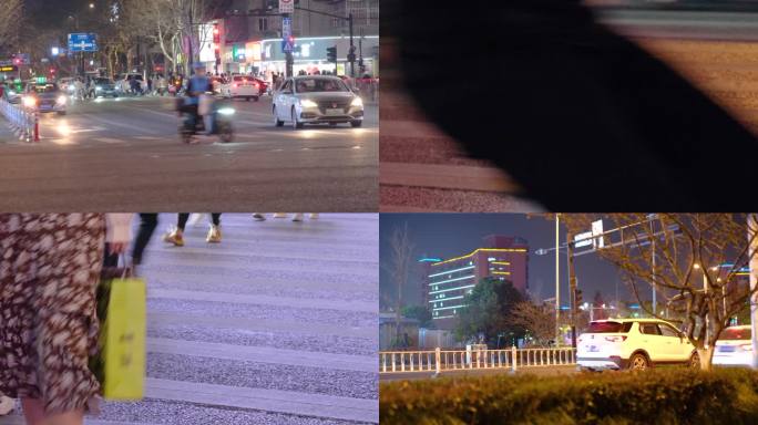 杭州城市夜晚行人过马路车流人流脚步人文视