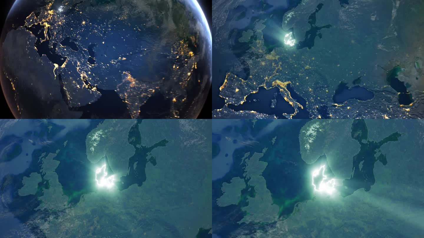 现实的地球夜间轨道和缩放发光边界丹麦