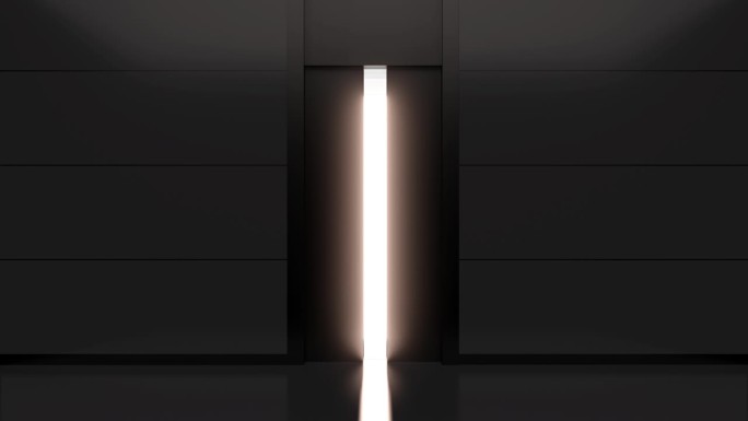 在黑暗的室内大厅，办公室或住宅打开电梯金属门。逼真的3d动画。