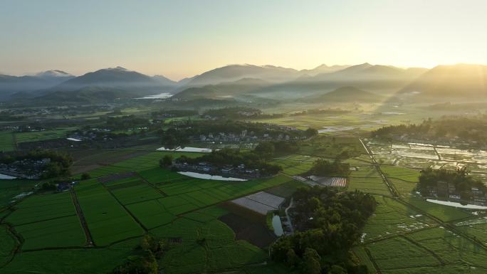 中国侨乡广东台山乡村稻田山脉山峰日出航拍