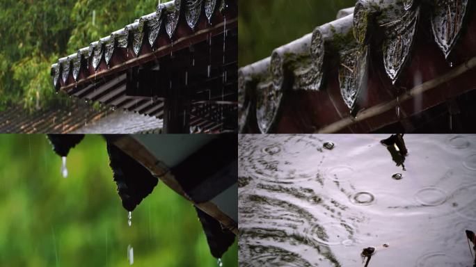 下雨-公园-柳树-水波-水滴-屋檐-瓦片