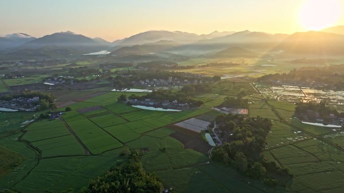 中国侨乡广东台山乡村稻田山脉山峰日出航拍