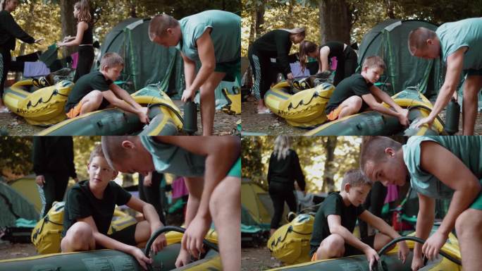 一群青少年在森林里露营，给皮划艇打气，准备出游