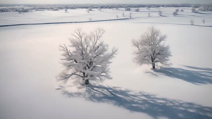 冬天平原积雪和树航拍