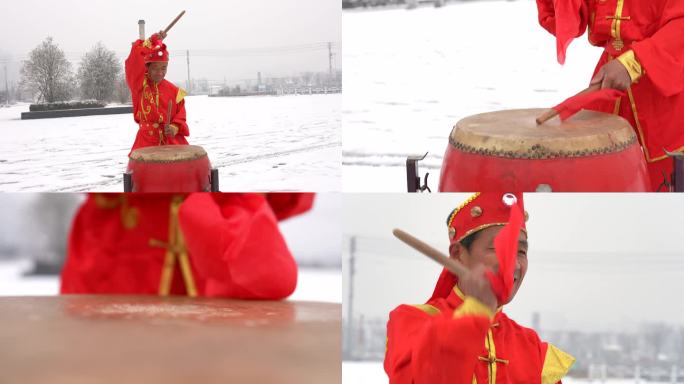 冰天雪地 单人雪中打鼓