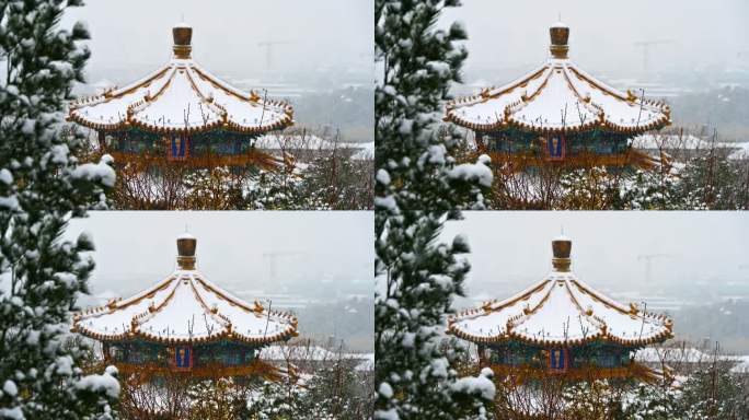 北京冬季景山公园下雪天古建筑风光