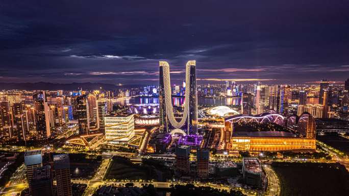 杭州地标萧山奥体中心杭州之门航拍夜景延时