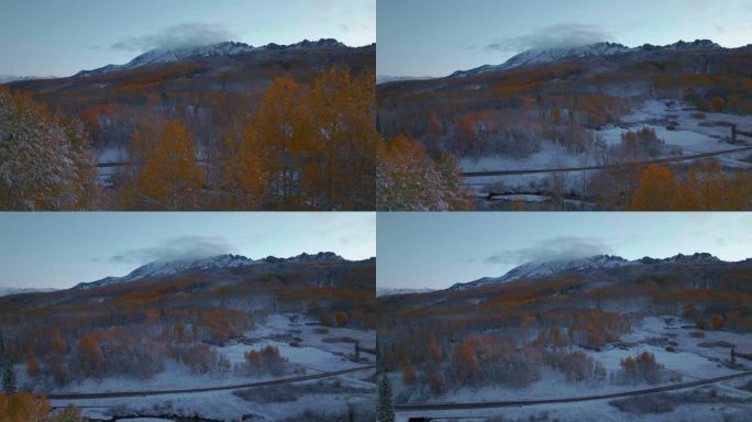 霜脆冷冻冻的早晨遮阴的科伯勒山口科罗拉多州航拍电影无人机秋天冬季碰撞第一次白色的雪红黄橙白杨树森林遮
