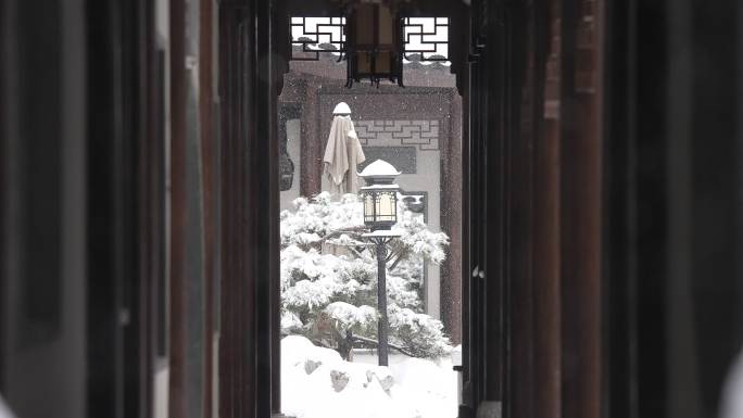 中式园林冬天下雪风景