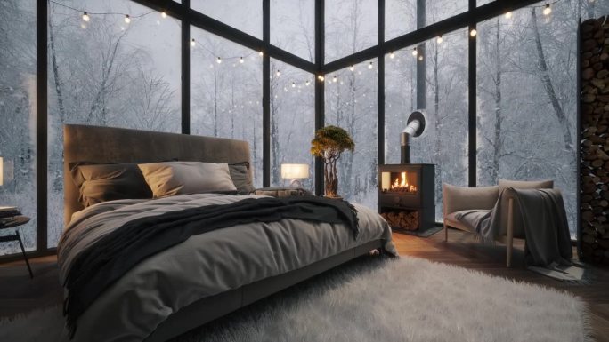 舒适的卧室，窗外飘着雪