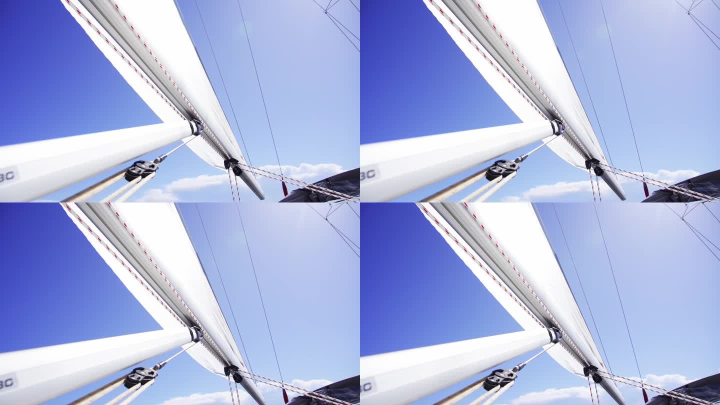 帆船上主帆的特写。从下面看。帆船的索具风帆附件组件。4 k。