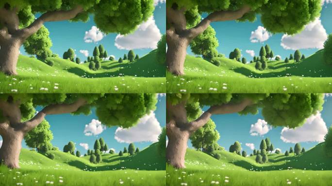 蓝天白云和草原上的树3d卡通动画
