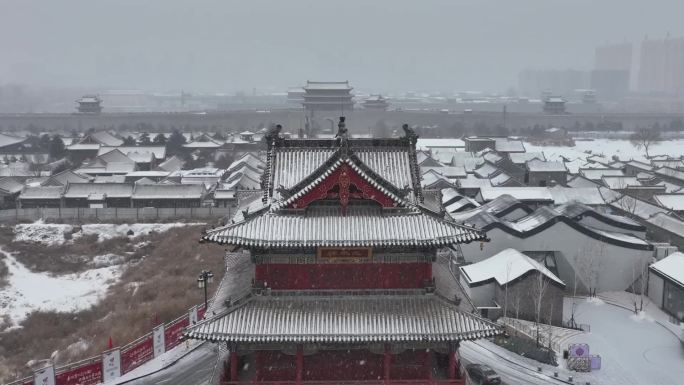 山西大同古城太平楼冬季雪景航拍