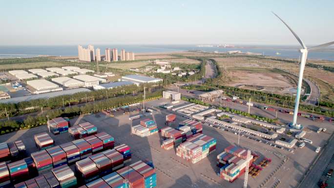 航拍天津港货运港口码头风车