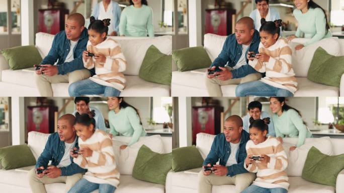 家庭，电视游戏和父亲与女孩在庆祝成功，赢得和快乐在家里的客厅。爸爸和孩子兴奋地在电视上玩游戏，在沙发