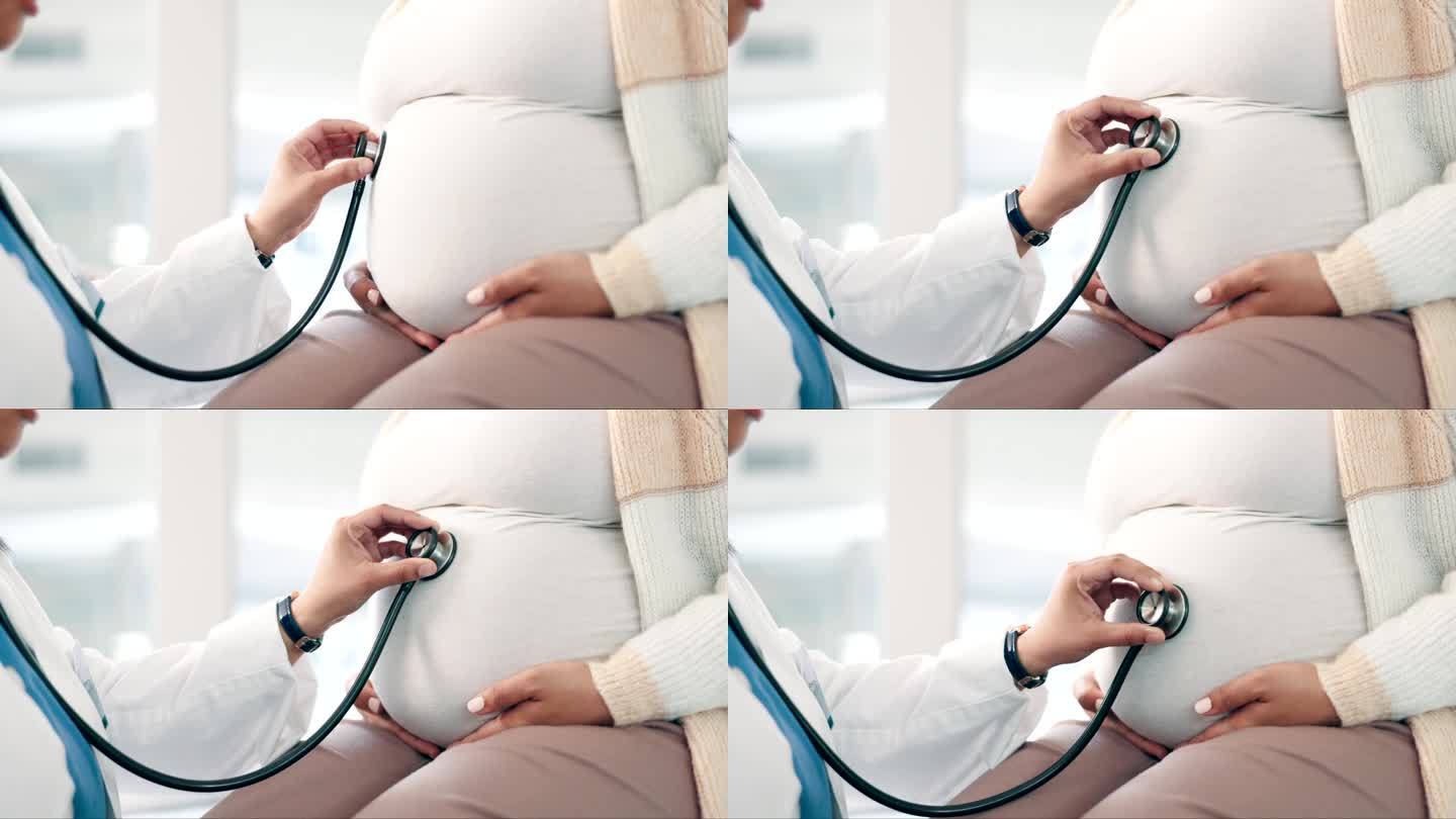 手，孕妇和听诊器为医生在医院与病人的特写作咨询。保健，婴儿和胃的母亲在诊所与医学专业人士预约
