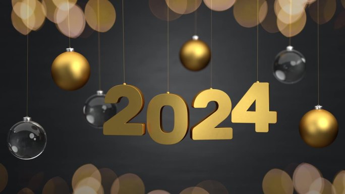 2024年新年快乐——串着金色数字2024，周围串着轻轻摆动的金色透明玻璃圣诞小装饰品。散景灯。无缝