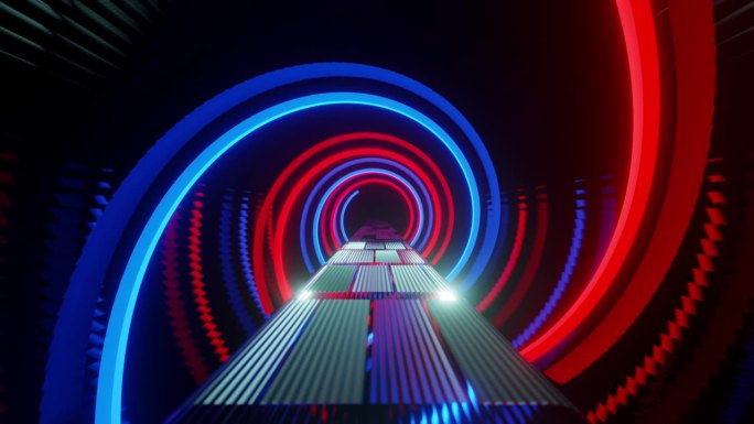 有长长的红蓝螺旋穿过的隧道。循环动画