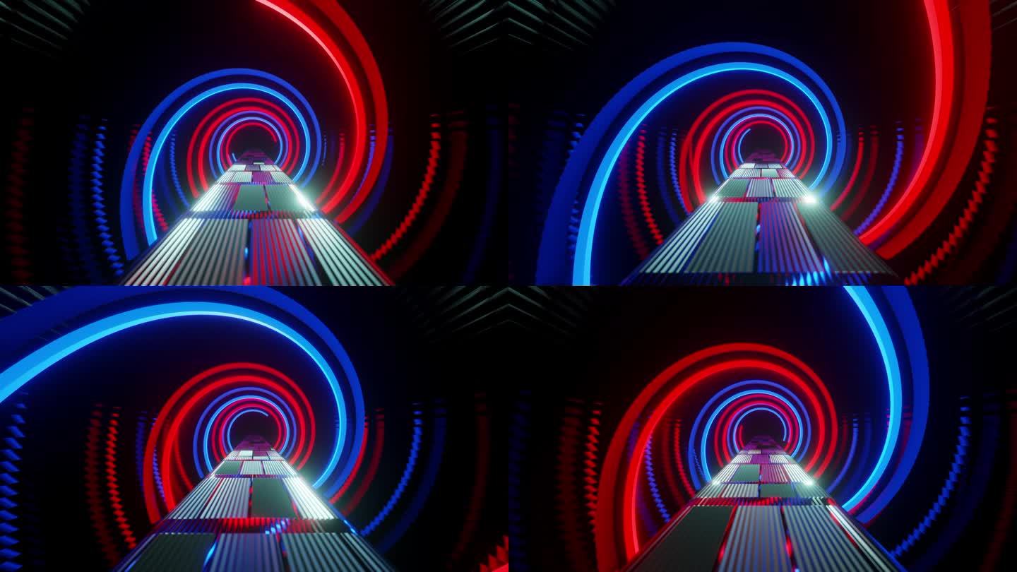 有长长的红蓝螺旋穿过的隧道。循环动画