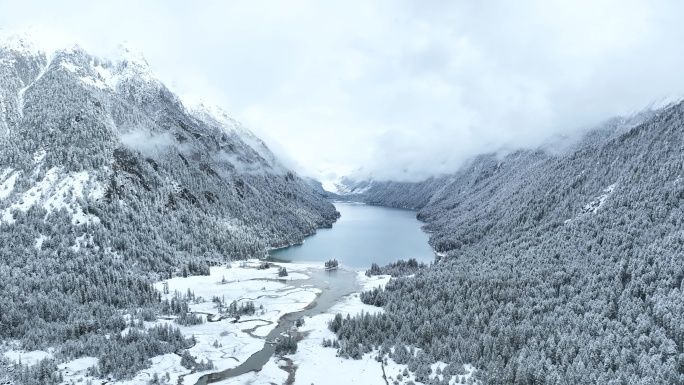 西藏林芝市巴松措，雪山森林的林海雪原航拍