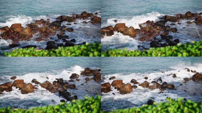 汹涌的海浪冲击着崎岖的岩石，浪花笼罩着空气，沿海的海景伴随着泡沫般的潮汐，戏剧性的自然现象，海景捕捉