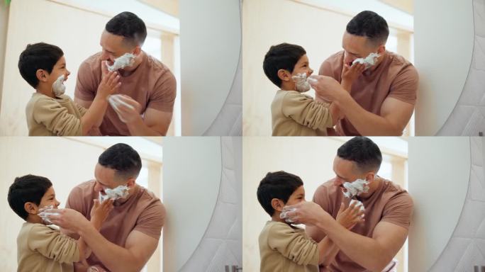 爸爸、魔镜和孩子用剃须膏相映成趣，周末一起欢笑支持关怀。墨西哥人，幸福的家庭，父亲和男孩在浴室，有趣