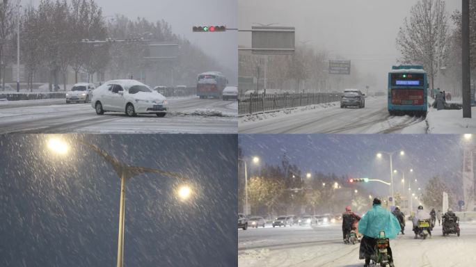 下雪雪天马路车流车辆暴雪通行减速结冰