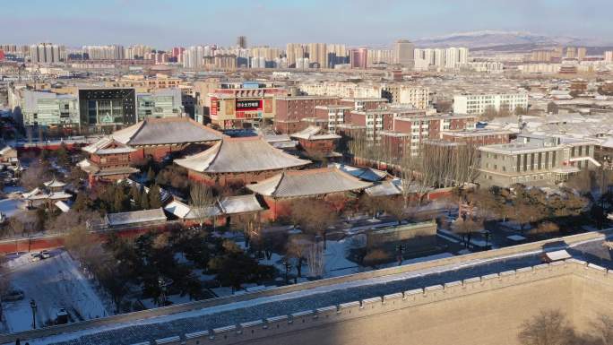 山西省大同市大同古城善化寺雪景航拍