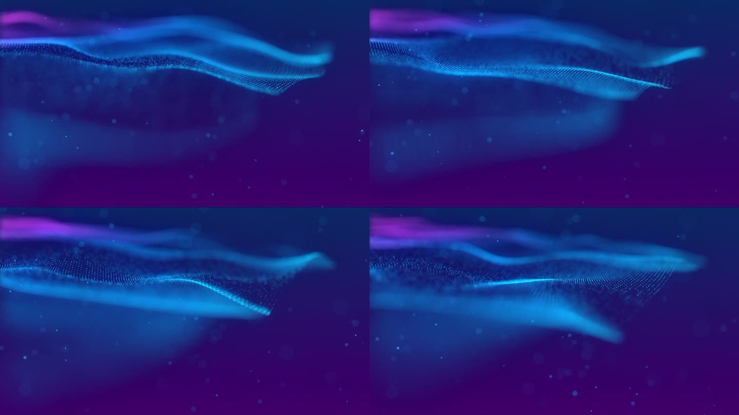 优雅的蓝色和紫色的波浪粒子微微移动悬浮像丝绸的背景与美丽的小粒子慢慢飞行。完美的循环。