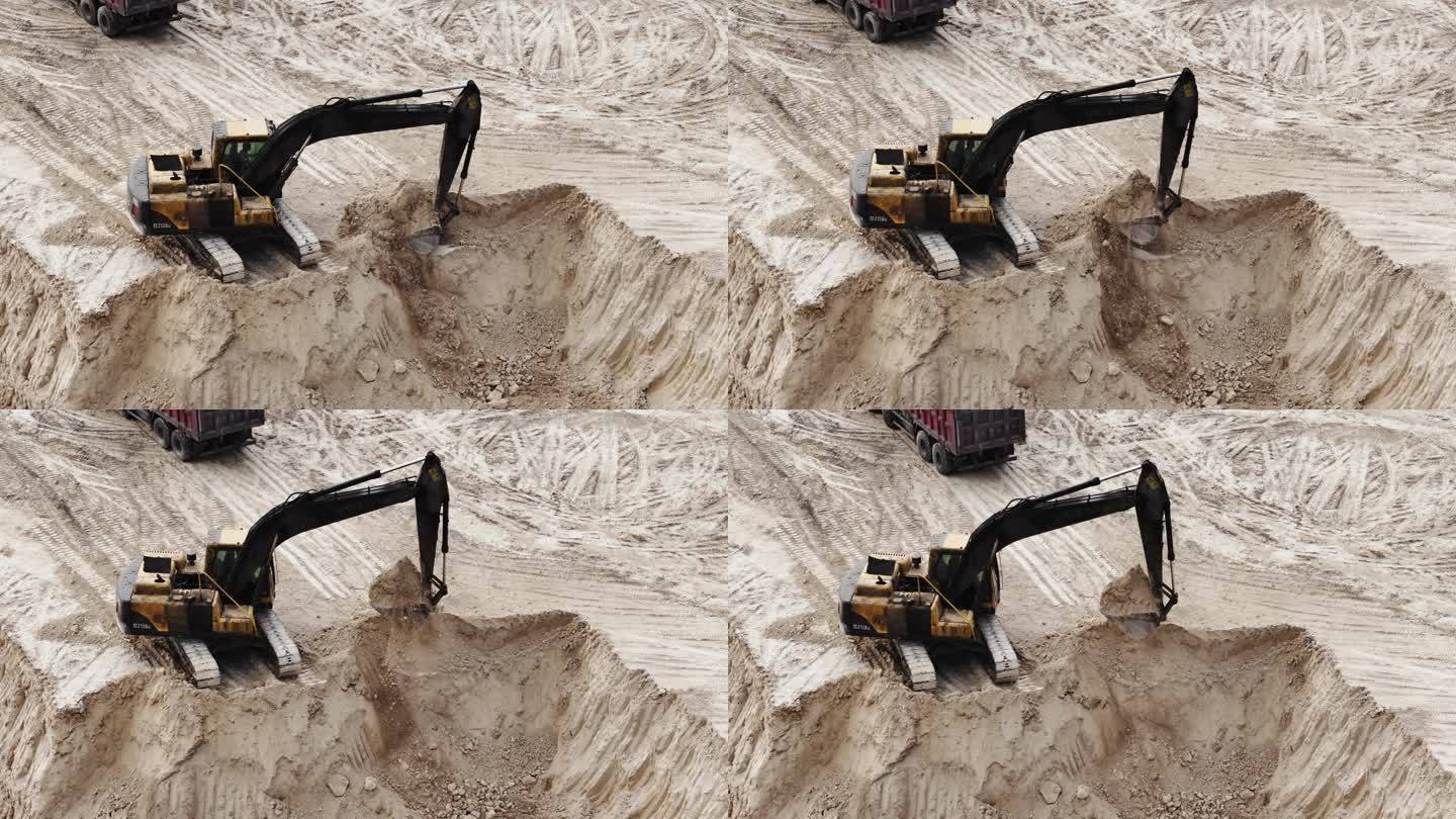 航拍挖机在矿场挖沙石