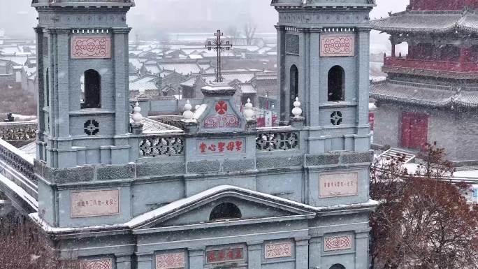 山西大同古城基督教堂冬季雪景航拍