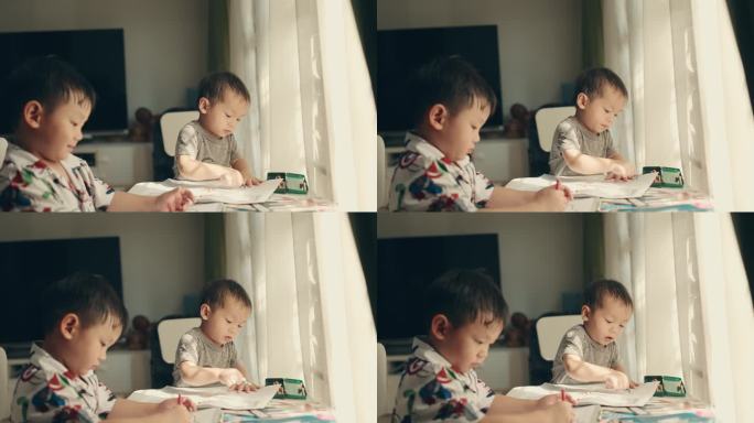 在家上学的乐趣:两兄弟用铅笔颜色探索艺术视野。