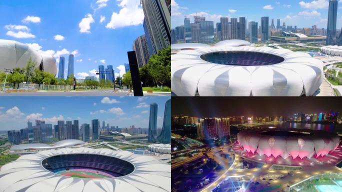 浙江杭州萧山区亚运会奥体中心航拍延时宣传