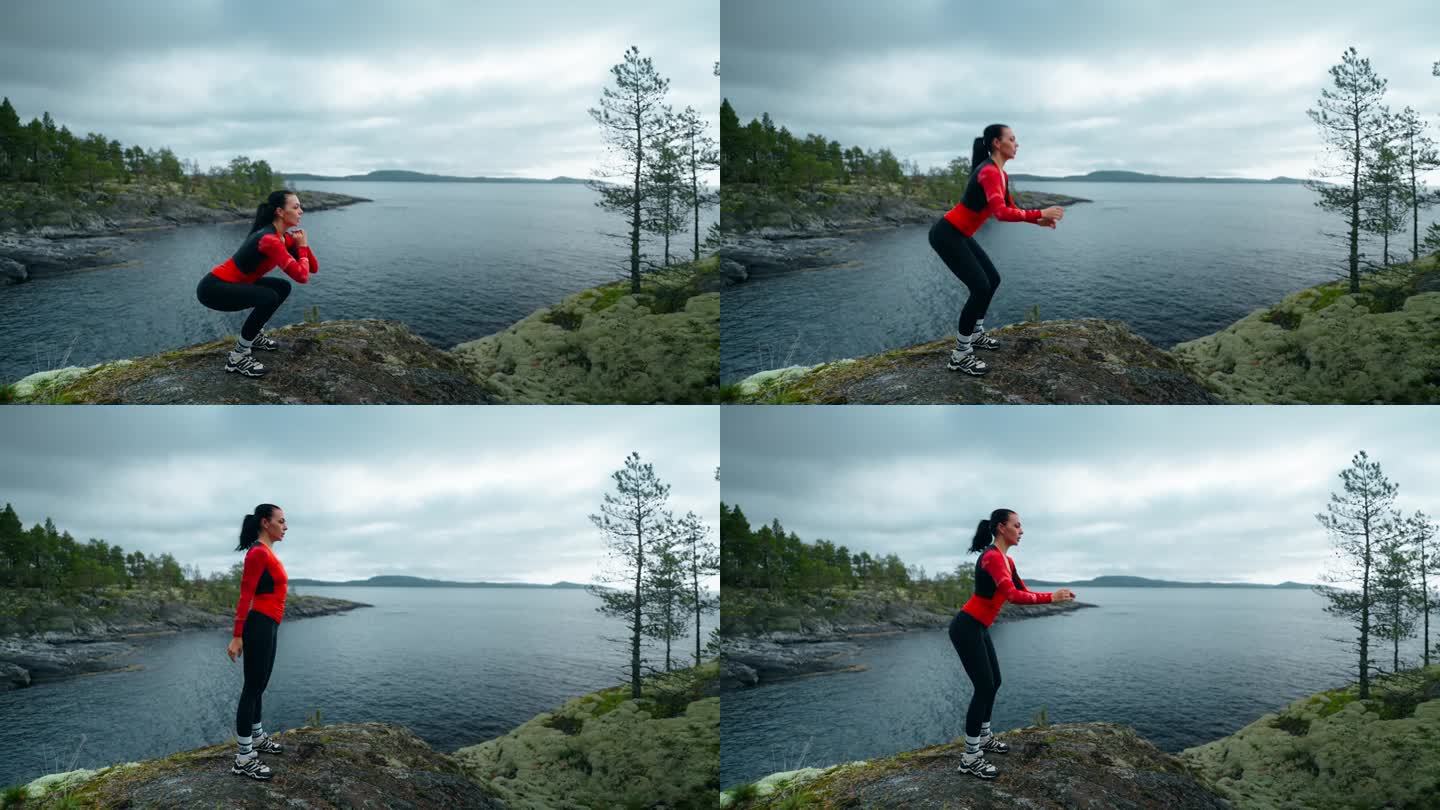 女运动员在山顶做运动，女性形象在美丽的风景与湖