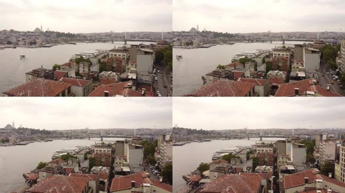 空中无人机视频伊斯坦布尔博斯普鲁斯海与桥梁和城市的背景视图
