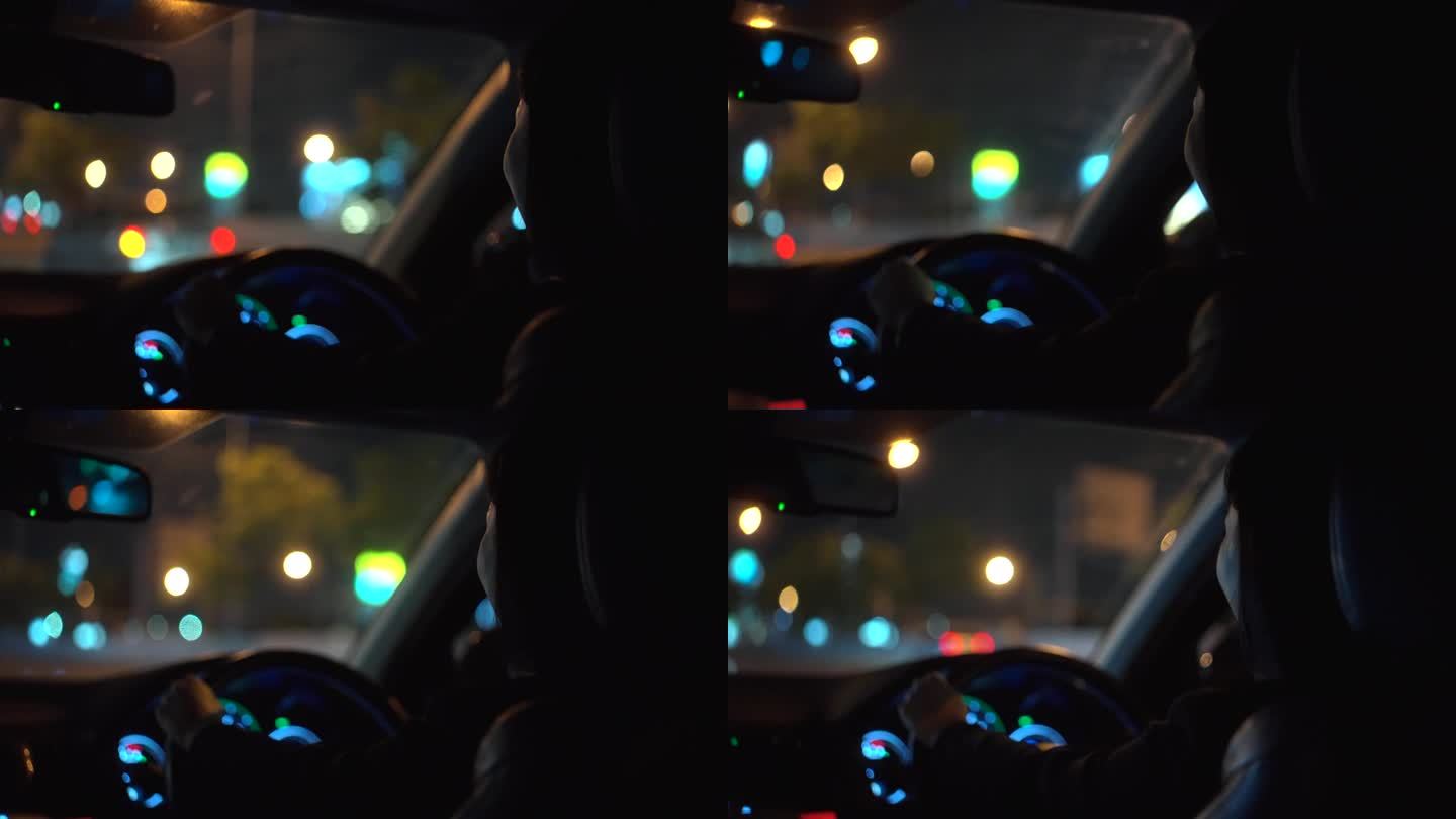 一名女商人在夜间驾驶一辆豪华轿车，双手握着方向盘。快乐的女人在夜城开车回家。