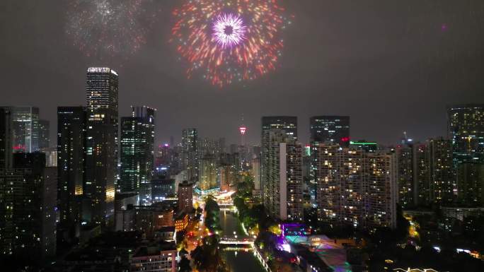 节日成都城市夜景烟火烟花焰火