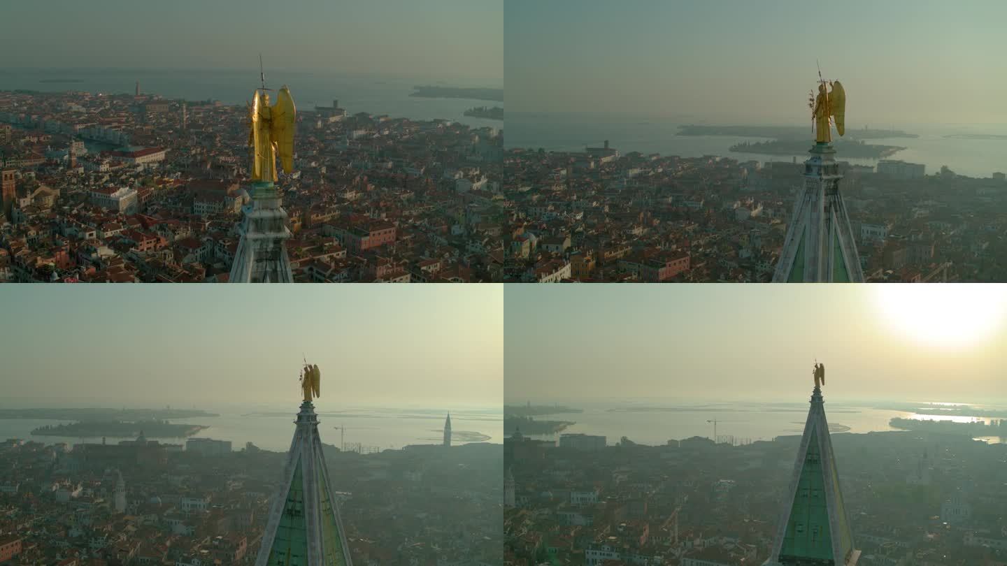 日落时意大利威尼斯圣马可钟楼和尖塔的鸟瞰图。4 k