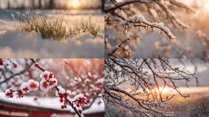 冬天雪景下雪冬日暖阳唯美雪景大寒雪景冬季