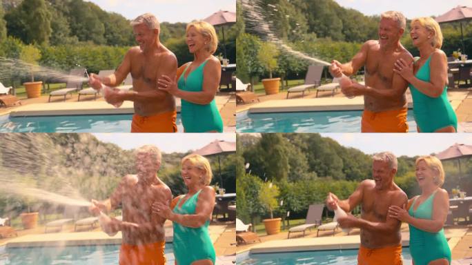 穿着泳装度假的老夫妇在酒店游泳池放松