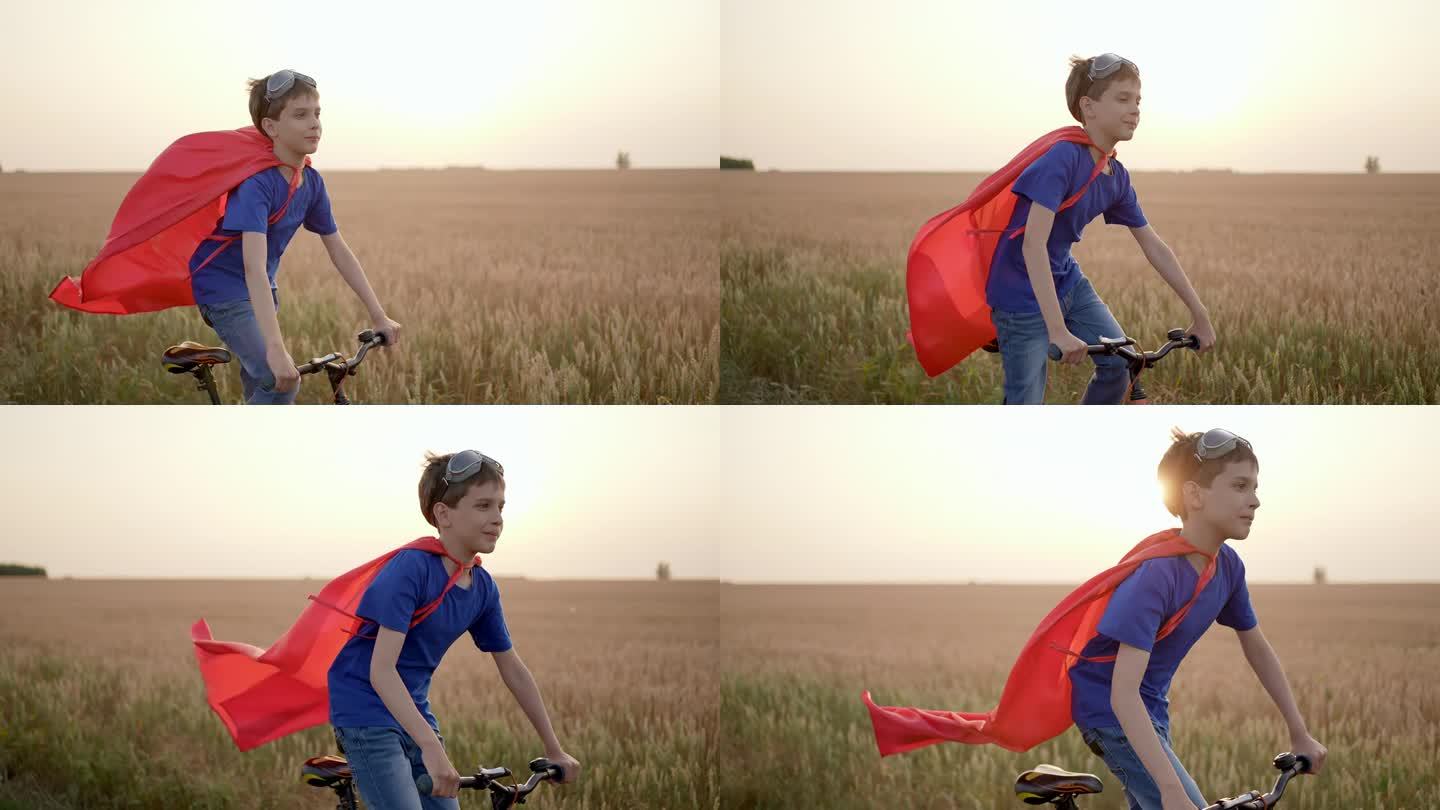 小男孩小男孩小男孩超级英雄在快乐的家庭活动骑自行车生活方式夏日麦田日落。概念童年梦想赢成功赢家英雄胜
