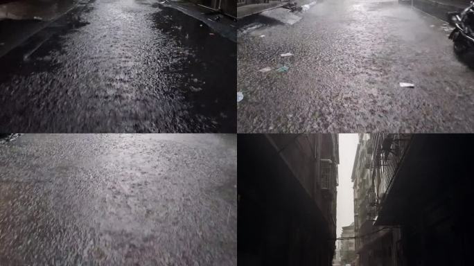 小巷暴雨倾盆 泛滥浸泡巷子雨景街巷暴雨