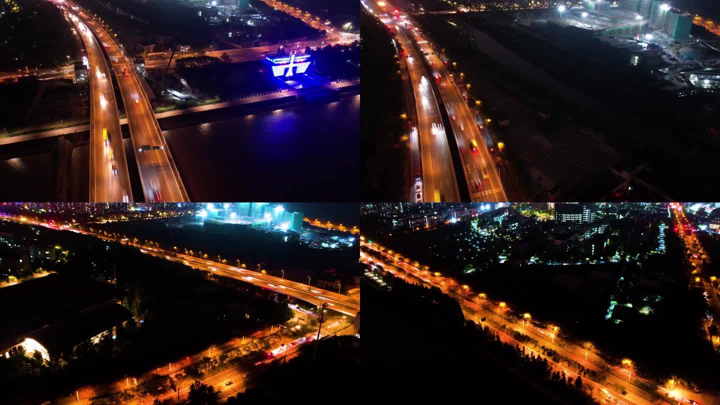 杭州钱塘江江东大桥汽车车辆车流夜景延时摄