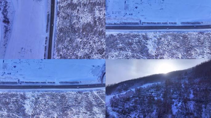 航拍冬天汽车行驶 冰天雪地道路 雪山风景