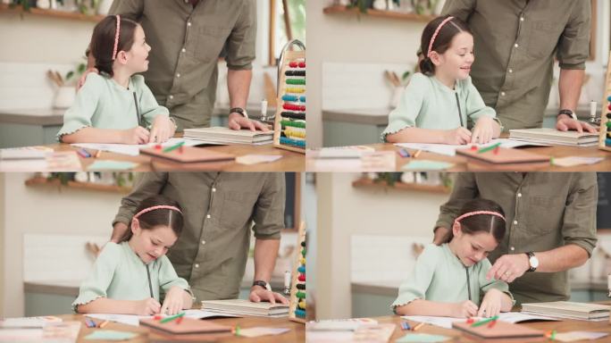 孩子，父亲和写家庭作业在一张桌子上的家庭教育和学习。年轻的女孩，学生或学生与一个男人的帮助，数学建议