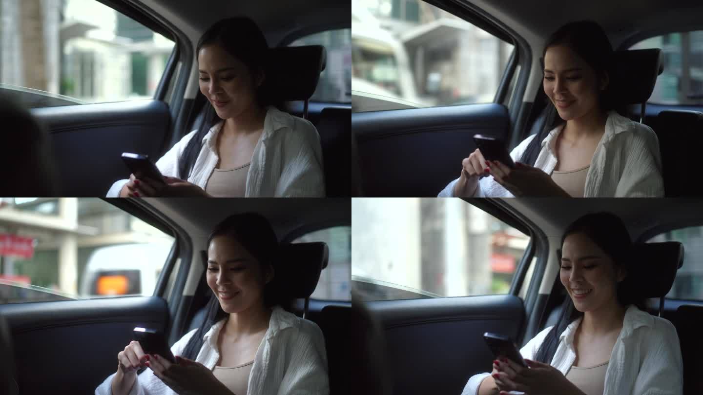 女性坐在汽车后座系上安全带，在出租车上使用智能手机的放松感觉。女开心在车里旅行，在去目的地的路上坐出