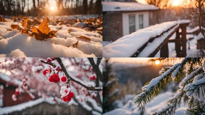 冬天雪景下雪冬日暖阳唯美雪景大寒雪景冬季