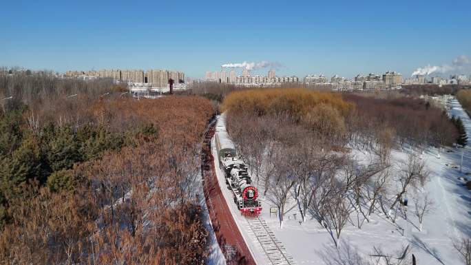 航拍长春雪景，长春工业轨迹公园航拍伊通河